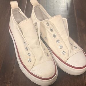 Cream Slip-On Sneakers with Red Trim